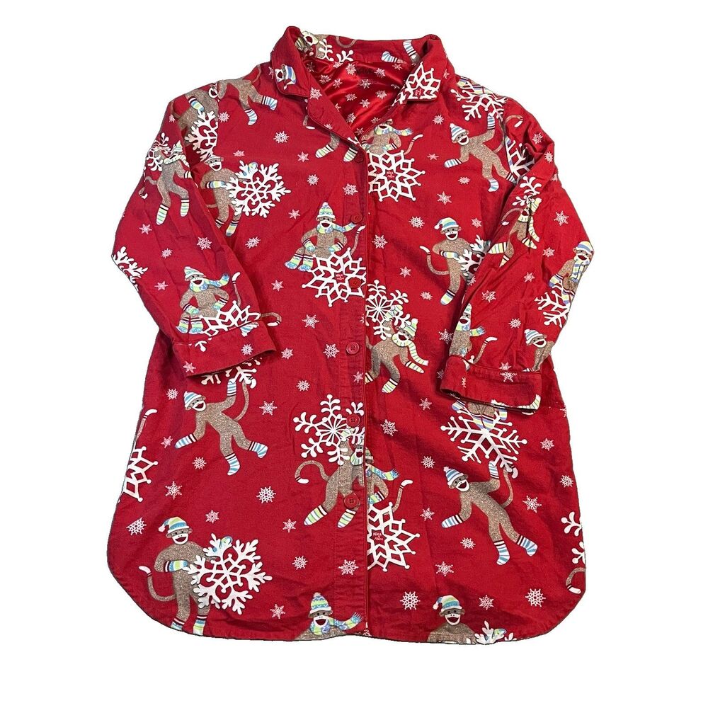 Nick & Nora Sock Monkey Snowflake Button Up Long Sleeve Pajama Gown Size XXL